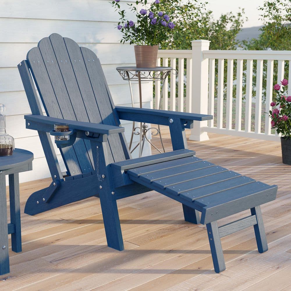 Navy Blue HDPE Plastic Folding Adirondack Chair with Retractable Ottoman and Cup Holder Set of 1 price history on PriceWatchPro