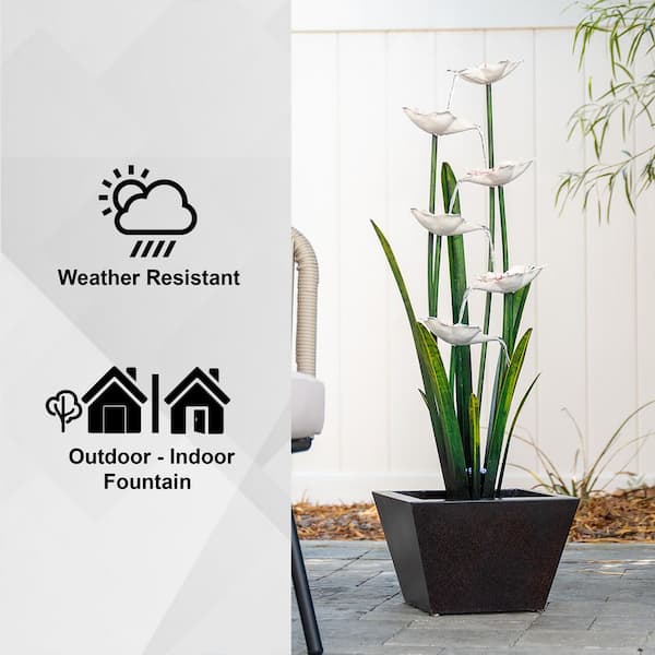 Metal Sculptural Multi-Tiered Flower Water Fountain, Multicolored, 39 in. Tall, with LED Lights