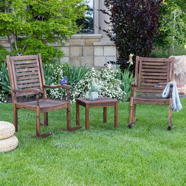 Walker Edison Furniture Company Dark Brown 3-Piece Acacia Wood Traditional Rocking Chair Outdoor Chat Set with Slatted Square Side Table