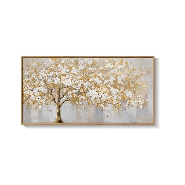 1-Piece Framed Gold Tree of Life Wall Art Large Modern Neutral Gold Tree Canvas Painting Print Poster 20 in. x 40 in.