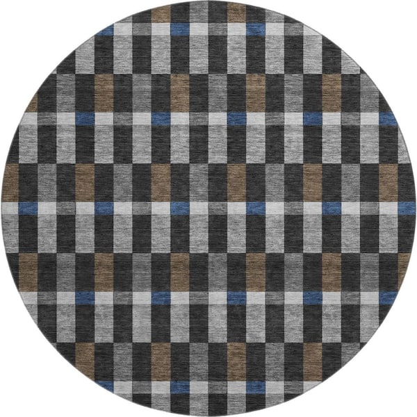 Mayfield Premium Machine Washable Abstract AMF2548 Black 8 ft. x 8 ft. Round Rug