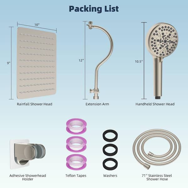 1-Piece 10-Spray High Pressure Bathroom Hardware Set Combo with Adjustable Arm, Hose and Holder in Brushed Nickel