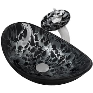 Tartaruga Black Patterned Glass Oval Vessel Sink with Faucet and Drain in Brushed Nickel