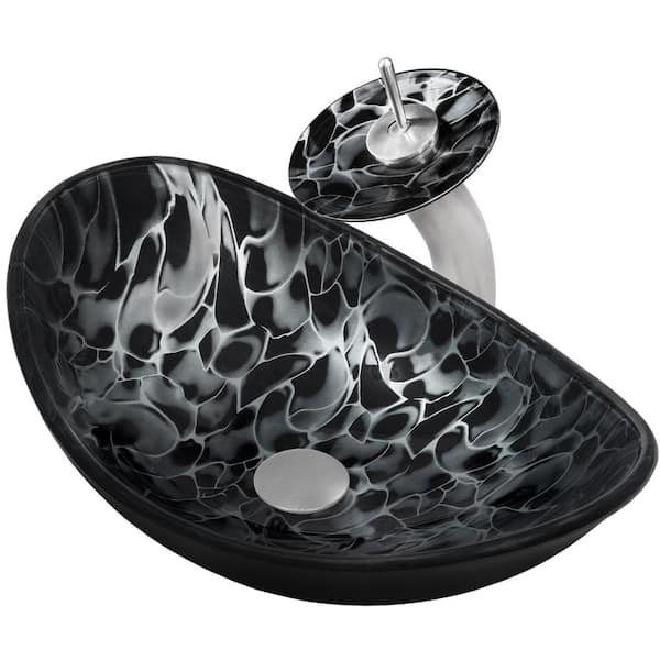Novatto Tartaruga Black Patterned Glass Oval Vessel Sink with Faucet and Drain in Brushed Nickel
