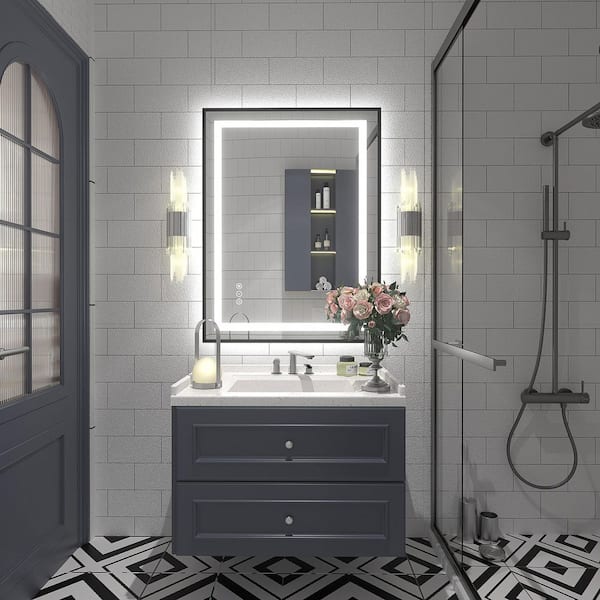 24 in. W x 32 in. H Rectangular Framed Front and Back LED Lighted Anti-Fog Wall Bathroom Vanity Mirror in Tempered Glass