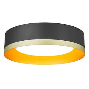 13.8 in. 1-Light Black and Gold Flush Mount with Frosted Glass Shade