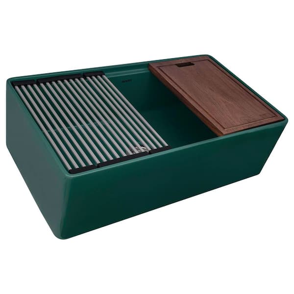 Fiore 33 in. Apron-Front Farmhouse Single Bowl Fireclay Workstation Kitchen Sink in Emerald Green