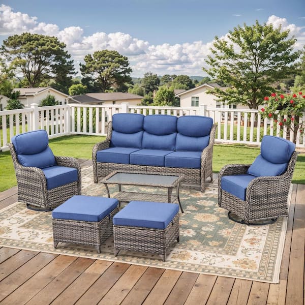 Crescent Gray Swivel Glider Wicker Patio Conversation Set with Blue Olefin 6 in. Thick Cushions/Couch (6-Piece)