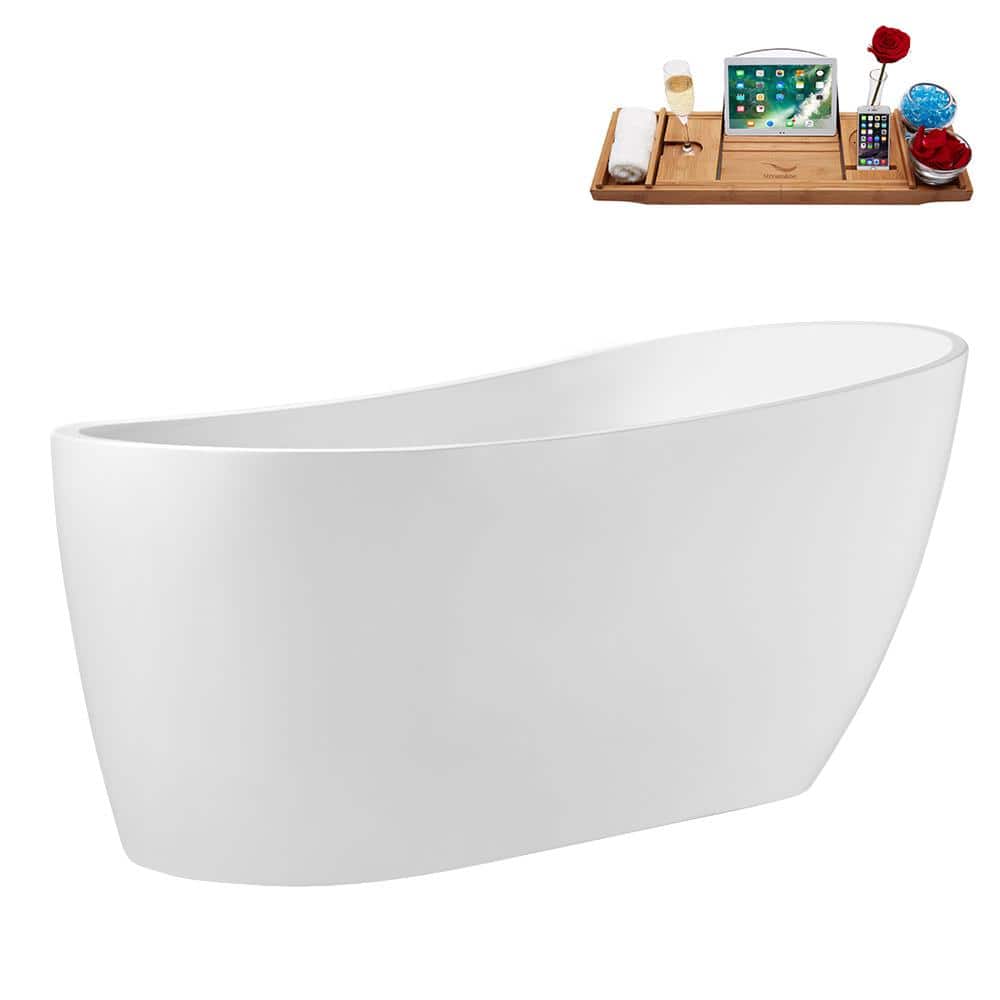 67" Glossy White Acrylic Freestanding Soaking Tub with Polished Brass Drain and Bamboo Tray