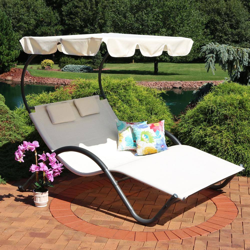 Beige Double Chaise Lounge with Canopy and Cushions
