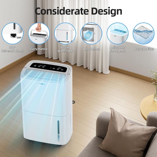 Edendirect - 120 pt. 6,000 sq.ft. Dehumidifier in. White with Large Bucket and Drain Hose for Basement, Garage, with Auto Defrost