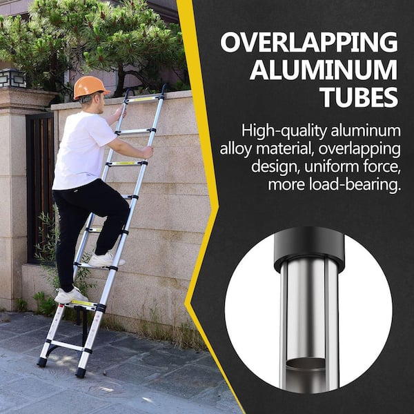 8.5 ft. Telescoping Aluminum Extension Ladder with Triangle Stabilizer and Hooks for RV or Outdoor Work, 330 lbs.