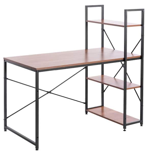 null 47 in. Cherry Wood and Metal Industrial Home Office Computer Desk with Bookshelves
