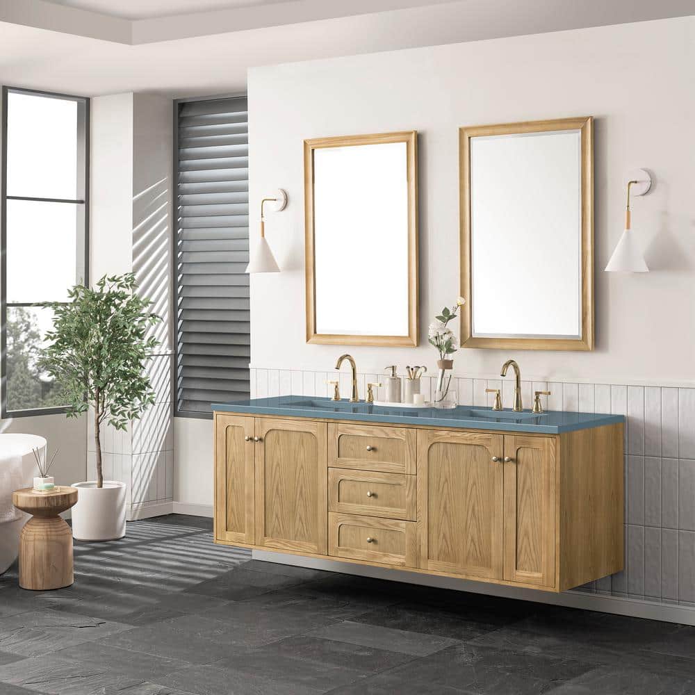 Laurent 72" Light Natural Oak Double Vanity Base with Brass Knobs