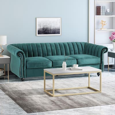 Bowie 84 in. Teal Solid Velvet 3-Seat Chesterfield Sofa with Nailhead