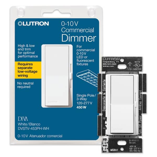 Lutron Diva Dimmer Switch for 0-10V LED/Fluorescent Fixtures, Single-Pole or 3-Way, White (DVSTV-453PH-WH)