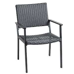 Charcoal Black Frame All-Weather Wicker and Metal Dining Chair for Outside Patio Table in Black