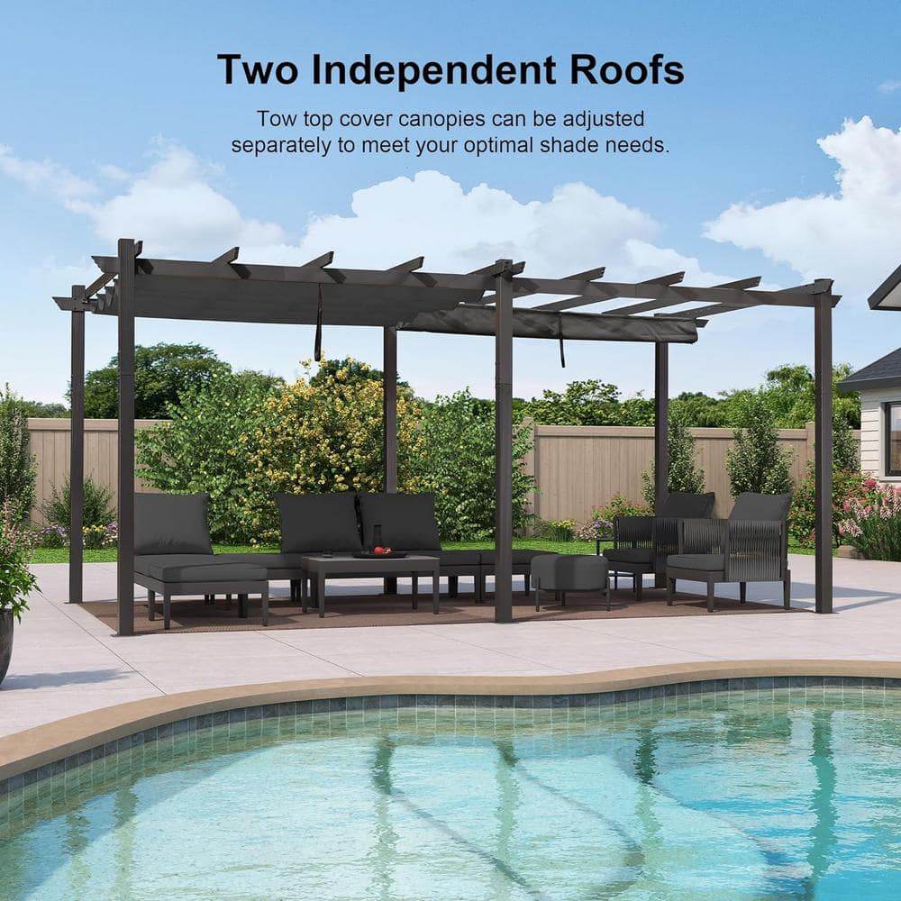 Gray Aluminum Pergola with Retractable Canopy, 10' x 18'