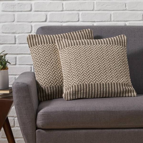 Noble House Ardmore Taupe and White Geometric Cotton 18 in. x 18 in. Throw Pillow (Set of 2)