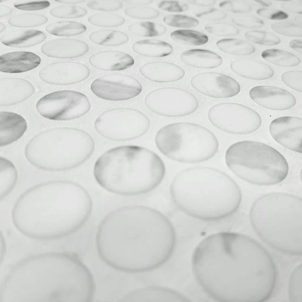 White Calacatta Matte Glass Penny Round Mosaic Tile