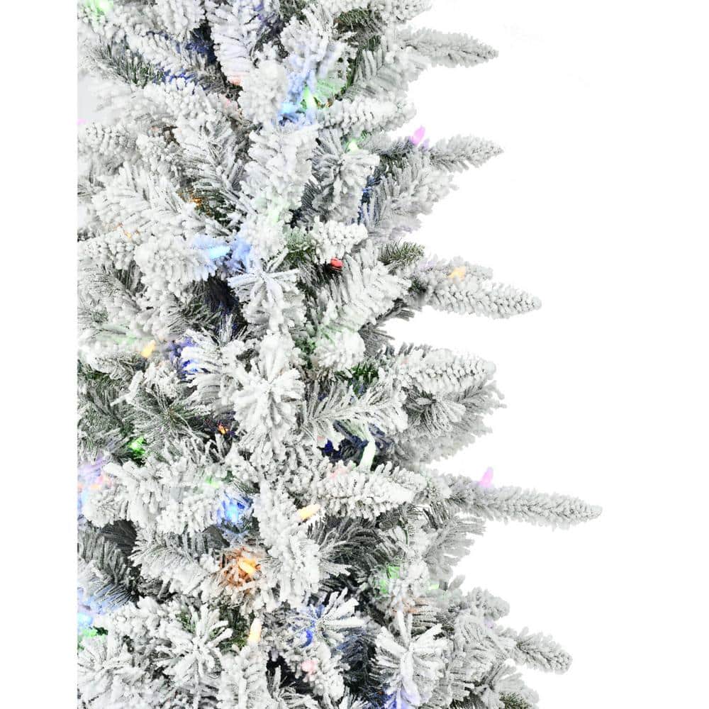 6.5-ft Slim White Pine Flocked Christmas Tree with Multi-Color LED Lights