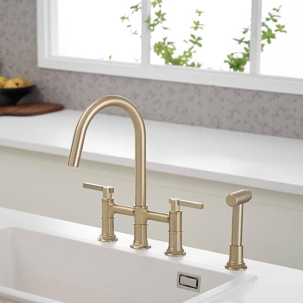2-Handle Deck Mount Kitchen Faucet 3-Hole Bridge Kitchen Faucet with Side Sprayer in Brushed Gold
