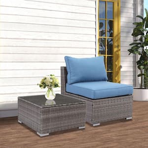 2-Piece Wicker Patio Furniture Set, Outdoor Sectional Furniture with Armless Sofa, Tempered Glass Table & Cushion, Blue