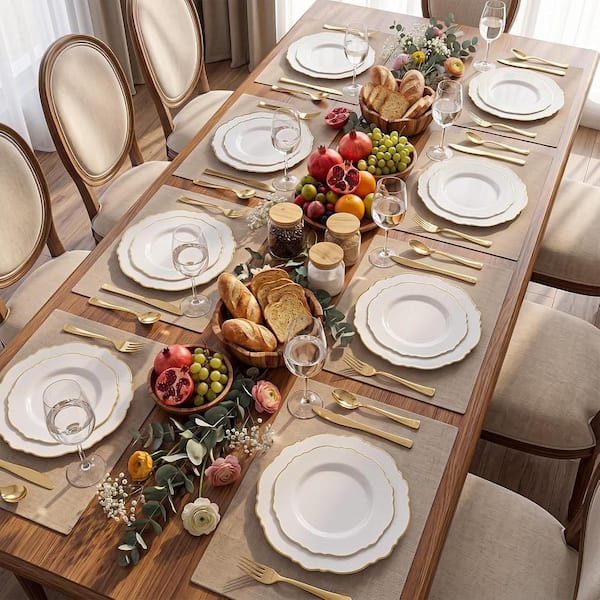 Anqtovp 60-Piece White and Gold Plastic Plates, 30 Heavy Duty Gold
