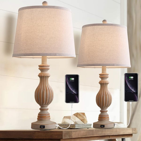 CIPACHO 26 in. Resin Bedside Nightstand Lamp with Dual USB Ports (Set of 2）