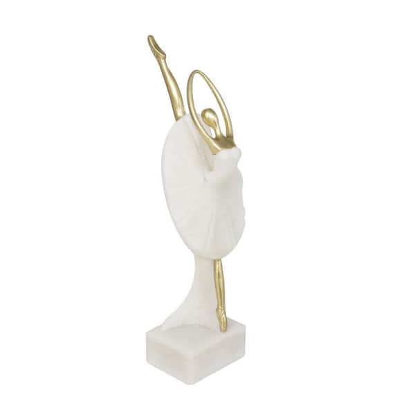 Litton Lane 4 in. x 14 in. CreamPolystone Ballet Dancer Sculpture with Gold Accents