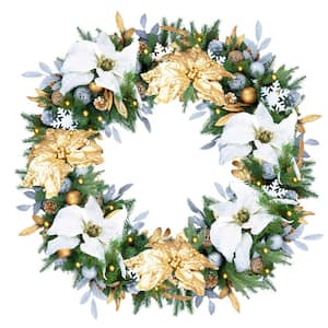 30 in. Pre-Lit White Light Pine Holiday Artificial Christmas Wreath, Silver/Gold
