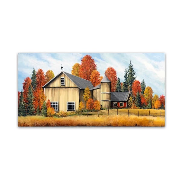 Trademark Fine Art 12 in. x 24 in. Yellow Barn Fall by Debbi Wetzel Floater Frame Country Wall Art