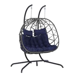 2-Person Dark Gray Outdoor Hanging Chair Wicker Patio Swing Egg Chair with Stand and Dark Blue Cushion