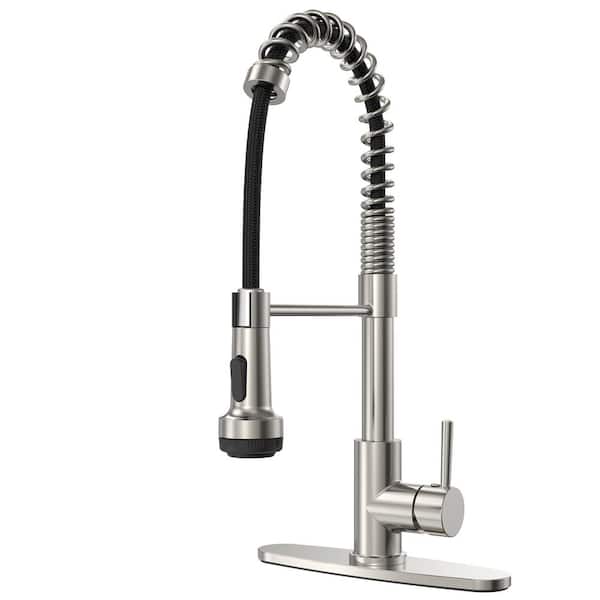 HOMLUX Single-Handle Spring Neck Pull-Down Sprayer Kitchen Faucet with 4-Functions in Brushed Nickel