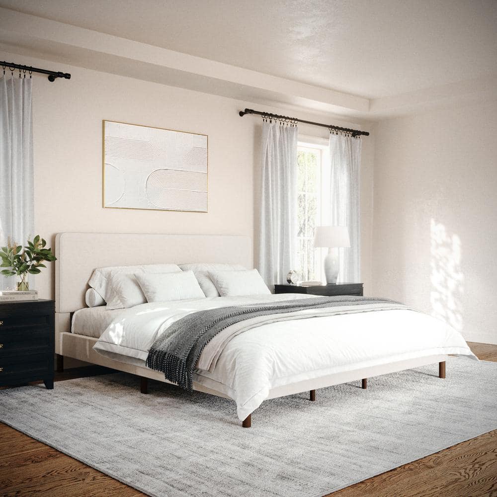 King Beige Linen Upholstered Platform Bed with Walnut Legs