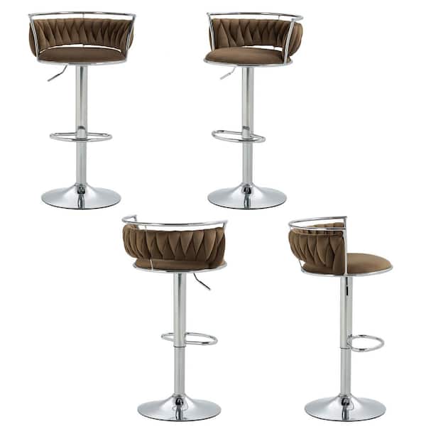 Uixe 38.5 in. Modern Silver Metal Frame Low Back Swivel Adjustable Height Bar Stool with Coffee Velvet Seat (set of 4)