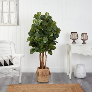 5 ft. Green Fiddle Leaf Fig Artificial Tree in Handmade Natural Jute Planter with Tassels