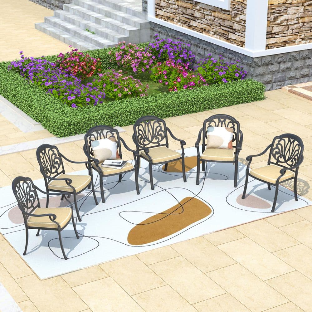 Matte Black Cast Aluminum Dining Chairs with Cushions, Set of 6
