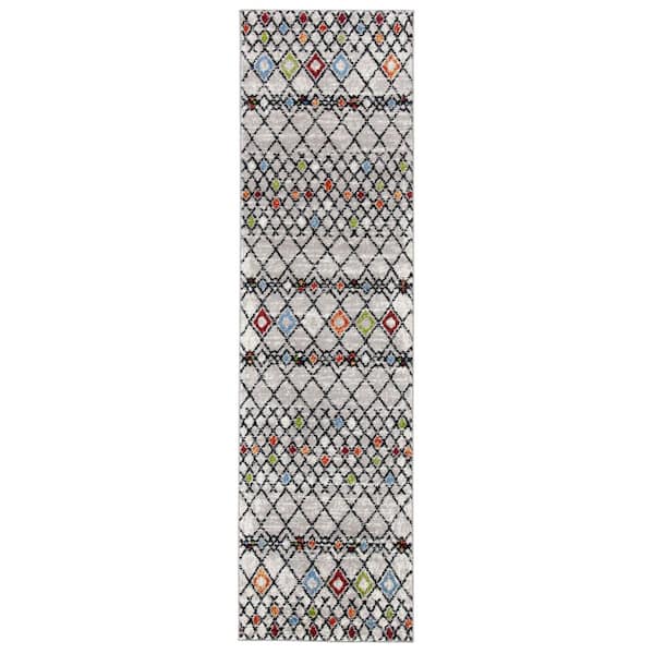 Amsterdam Beige/Blue 2 ft. x 8 ft. Geometric;Trellis Runner Rug