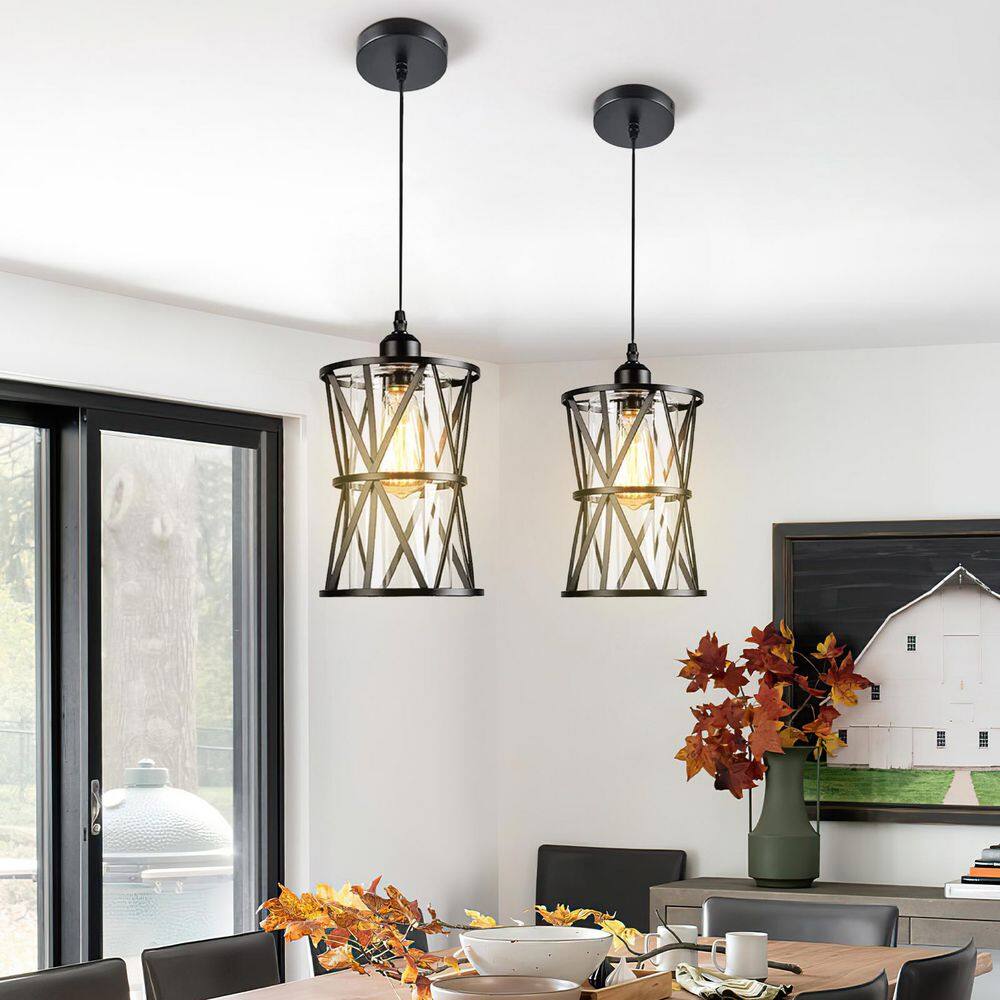 Black Metal Cage Mini Pendant Light with Clear Glass Shade