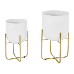 16 in. and 13 in. Medium White Metal Indoor Outdoor Planter with Removable Gold Stand (2- Pack)