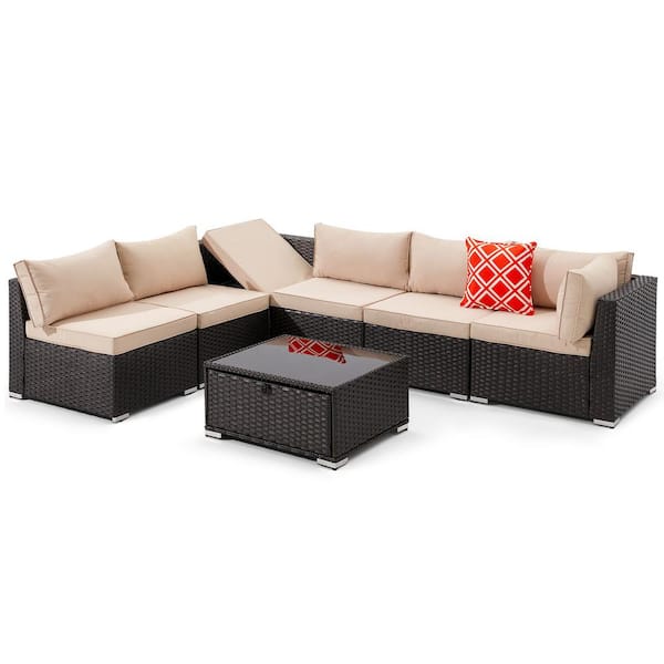 Miscool Crystal 7-Piece Wicker Patio Conversation Set with Beige Cushions, 2 Orange Pillows (Corner Lift Sofa)