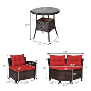 4-Piece Wicker Outdoor Patio Conversation Set Rattan Furniture Set with Red Cushions