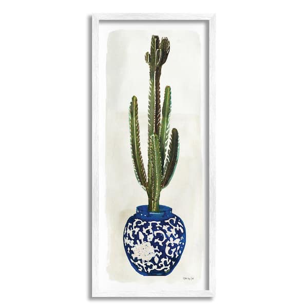 Stupell Industries "Cactus in Blue Ornate Vase Succulent Still Life" by Stellar Design Studio Framed Nature Wall Art Print 10 in. x 24 in.