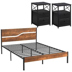3-Piece Metal Bed Frame Bedroom Set 2-Black Nightstands with Drawer Queen Size Metal Platform Bed Frame with Headboard