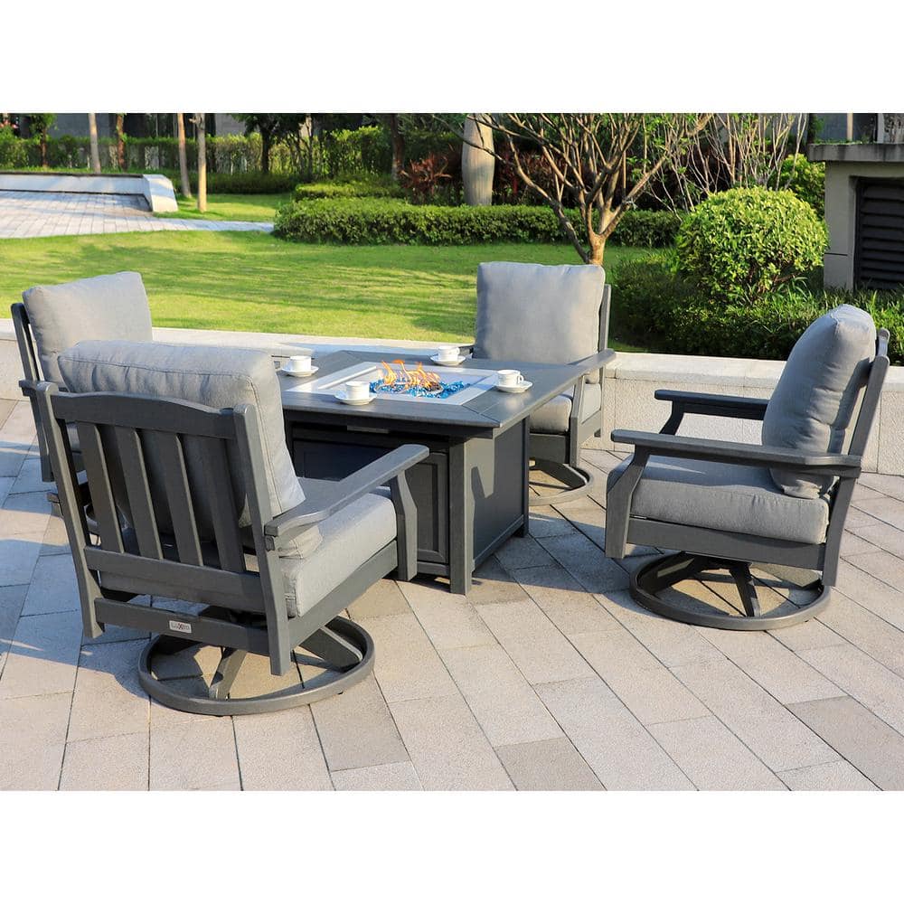 Gray HDPE 5-Piece Fire Pit Table Set with Cushioned Rock-Swivel Chairs