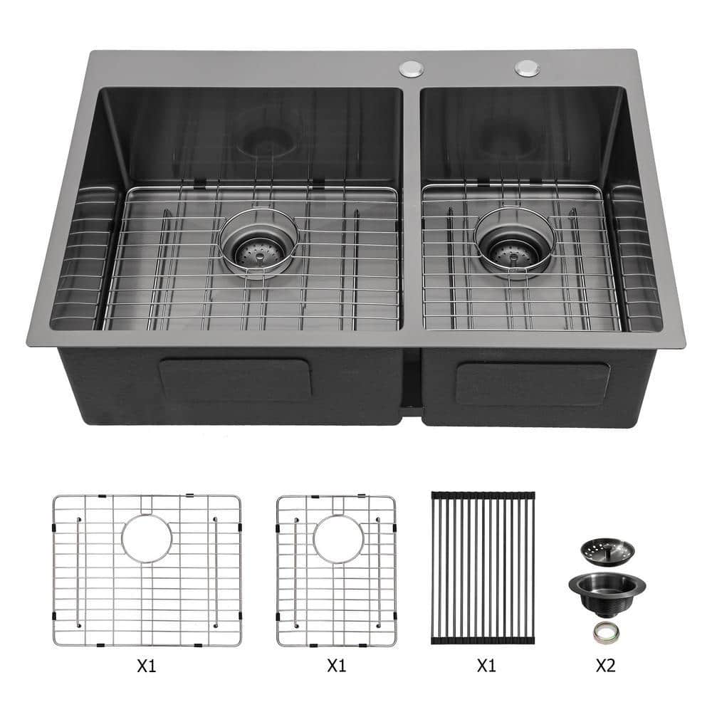 33 in. Drop-In Double Bowl 16-Gauge Gunmetal Black Stainless Steel