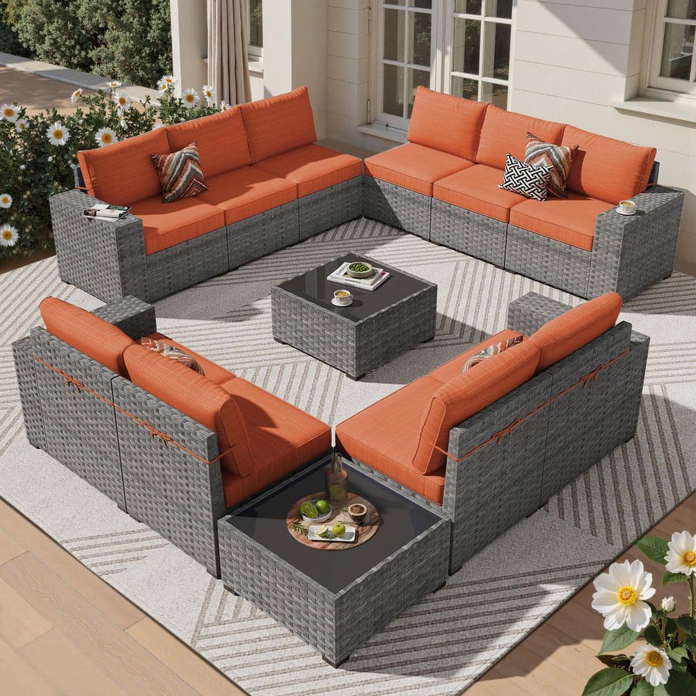 Lanora Gray 12-Piece PE Rattan Wicker Outdoor Patio Sectional Sofa Set with Orange Red Cushion and Coffee Table price history on PriceWatchPro