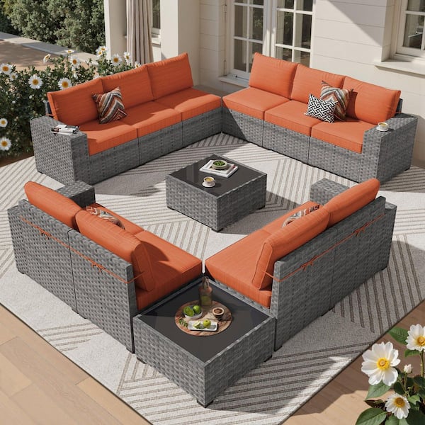 Lanora Gray 12-Piece PE Rattan Wicker Outdoor Patio Sectional Sofa Set with Orange Red Cushion and Coffee Table