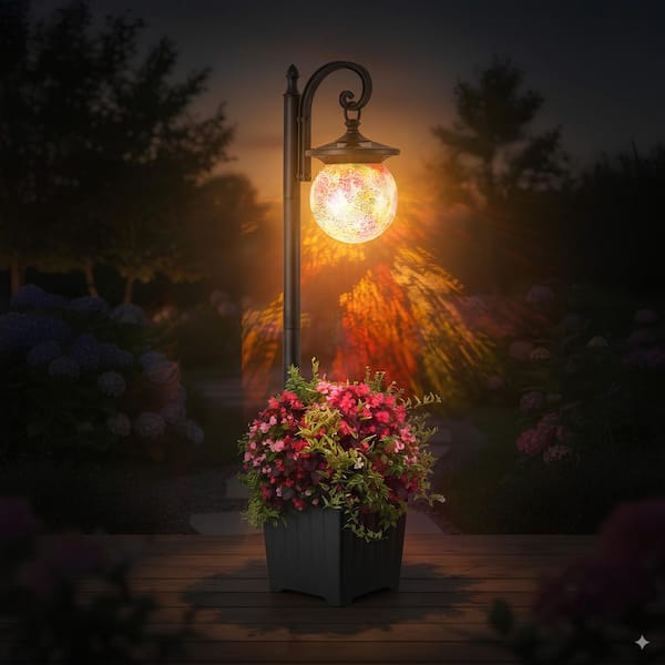 1-Light Solar Plastic Black LED Outdoor Weather Resistant Post Light Set with Planter and Mosaic Glass Shade